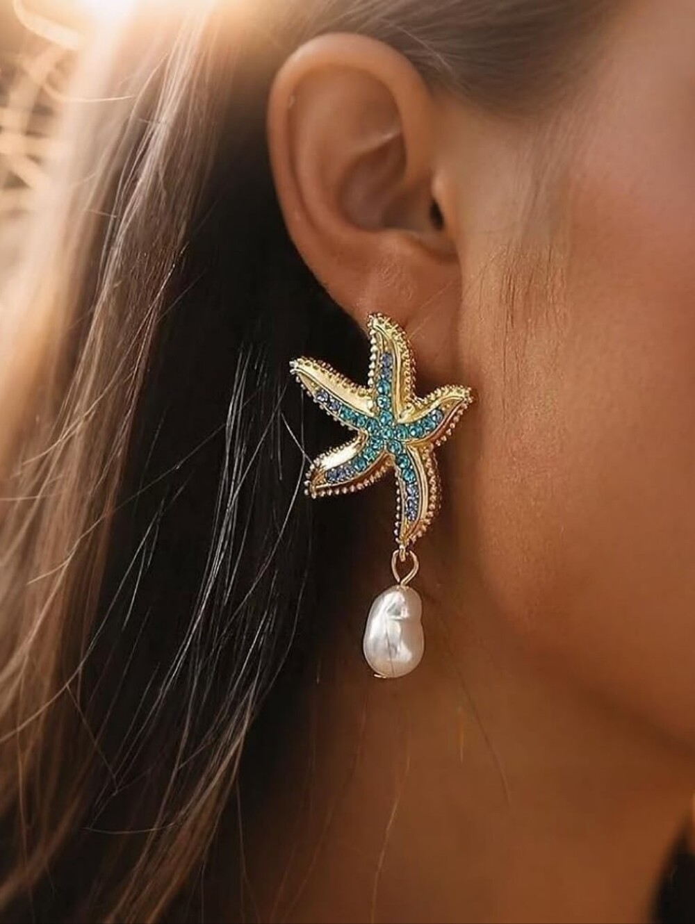 Gold Starfish Dangle Drop Earrings with Blue Crystals and Pearl
